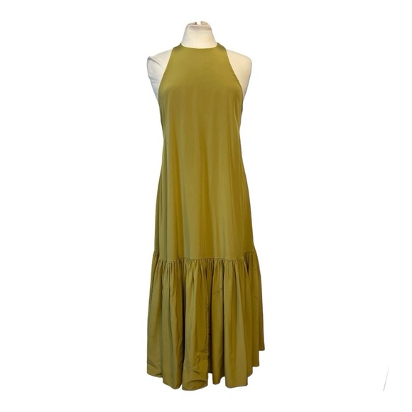 Tibi 100% Silk Eco Halter Drop Waist Ruched Midi Dress Tan Ochre Green size 4 - Picture 2 of 10